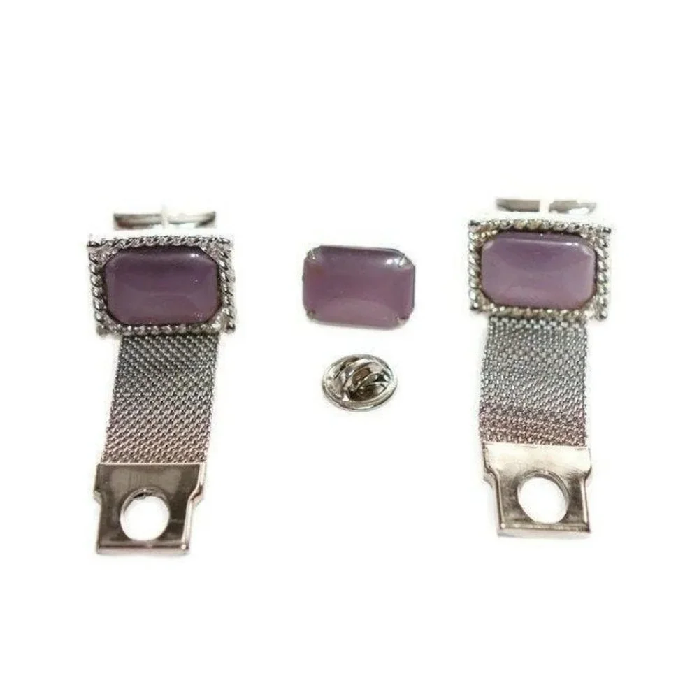 Cuff Links and Tie Tack Set Purple Lavender Satin Glass Silver Toned Boxed Set M